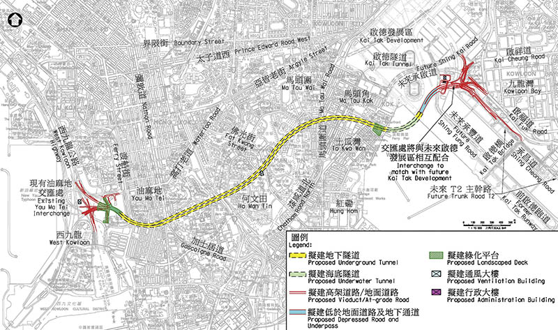 The map illustrates the route of the Central Kowloon Bypass Yau Ma Tei Section, highlighting proposed underground tunnels, open landscape decks, ventilation and administration buildings, and the alignment with existing roads and future development plans.